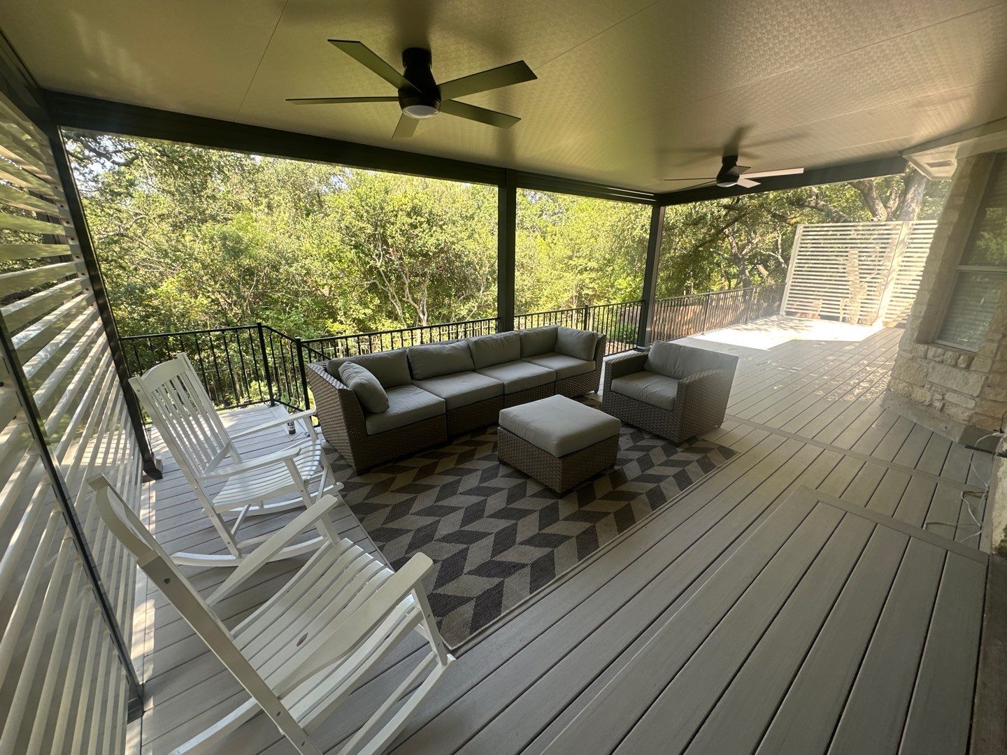 Patio cover with ceiling fan and composite deck - Austin TX