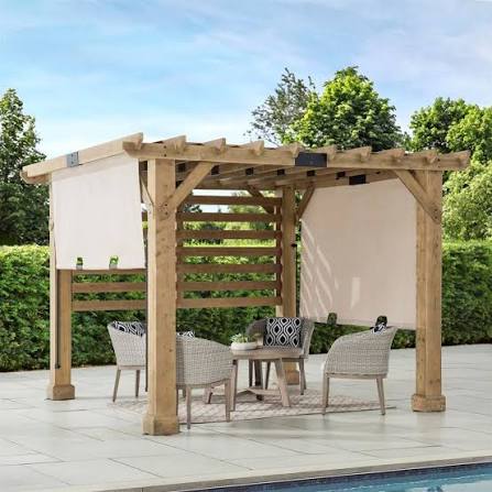 Wood pergola with retractable shade and outdoor seating - 1st Capital Certified Roofing Austin TX