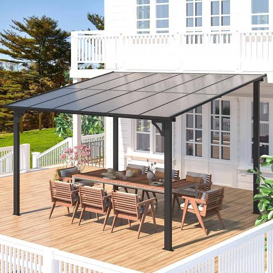 Aluminium patio cover with outdoor dining set on deck - 1st Capital Certified Roofing Austin TX