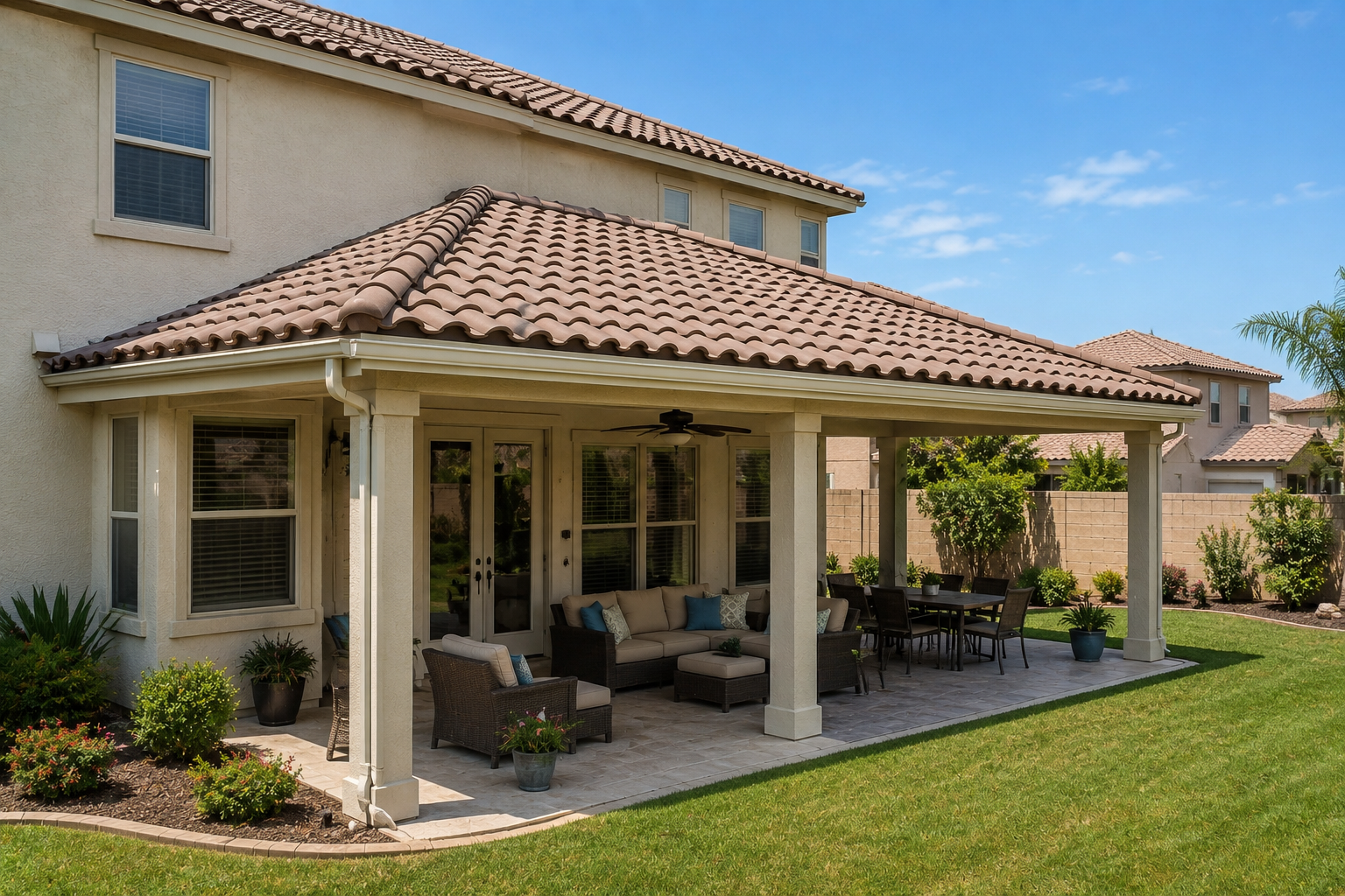 Tile patio roof over covered patio - 1st Capital Certified Roofing Austin TX
