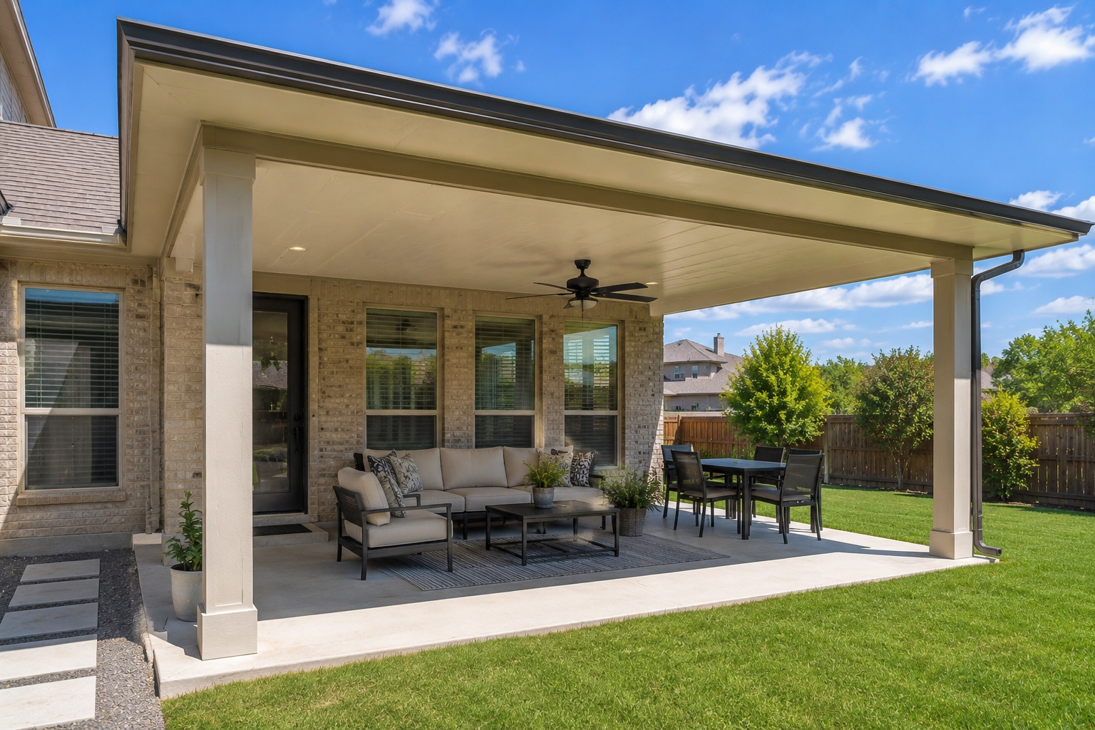 Insulated composite patio roof over backyard patio - 1st Capital Certified Roofing Austin TX