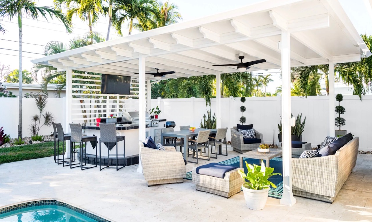 White pergola outdoor kitchen and pool Austin TX