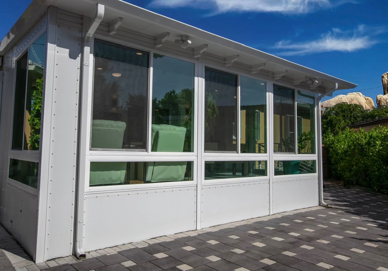 Dark aluminium patio cover with screen Austin TX
